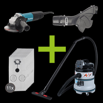 Makita 115mm Angle Grinder, MAXVAC Dust Shroud & DV35-MB Vacuum Complete Package, Pre-Installed MV-GSVM-135-110 Highly effective dust extraction at source for chasing repointing and floor preparation work